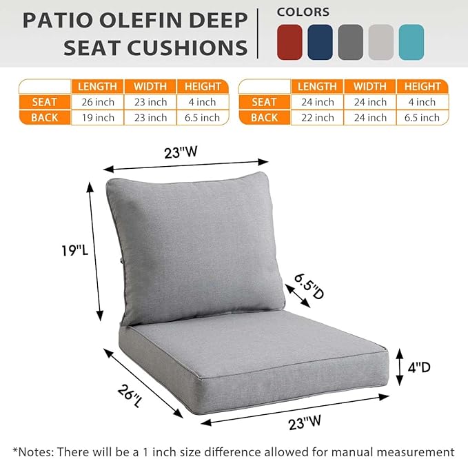 Sundale Outdoor Olefin Deep Seat Cushion, Patio Chair Cushion and Pillow, Water-Resistant Sectional Sofa Pad with Straps Light Gray, 23 x 26 x 4 Inches