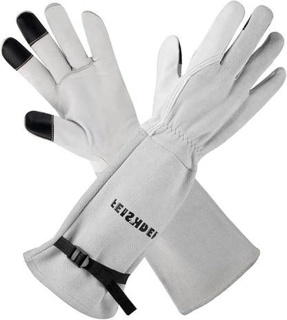 Garden Gloves Women/Men Thorn Proof, Deerskin Suede, 2 Layers Leather Rose Pruning Long Gardening Gloves for Cactus