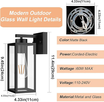 Tipace Outdoor Wall Lantern 2 Pack Black Exterior Wall Sconce with Clear Glass Shade Wall Mount Lights for Entryway,Porch,Doorway(2700K E26 Bulbs Include)