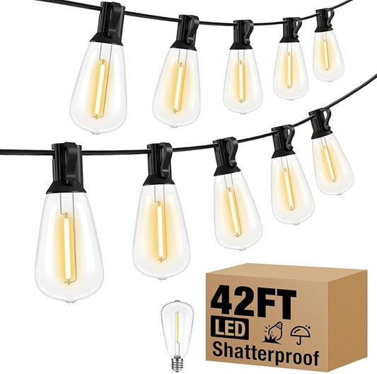 litogo 42FT Outdoor String Lights, LED Patio Lights Waterproof with 15+1 ST38 Edison Bulbs Shatterproof,2700K Warm White Hanging Outside Lights for Backyard Deck Party Garden Bistro Tent
