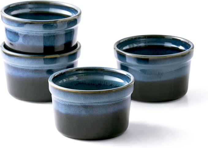 Ceramic Ramekins, 8 oz Creme Brulee Baking Cups, Set of 4, Dark Blue | Reactive Glaze Finish, Oven Safe, Ideal for Souffle, Custard, Pudding, Dips, Ice Cream & Appetizers