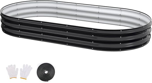 Raised Garden Bed, 8x4x1ft Galvanized Outdoor Planter Beds with Safety Edging and Gloves, Oval Metal Planter Box for Gardening Vegetables Flowers Herb-Black