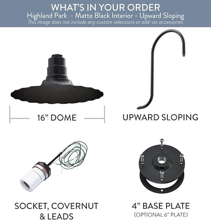 Steel Lighting Co. Highland Park Barn Light | Outdoor Wall Mounted | 16 inch Radial Wave | Upslope Gooseneck | Vintage Style Made in America | Matte Black Exterior/Matte Black Interior