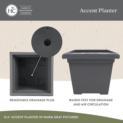 The HC Companies Accent Square Plant Pot w/Drainage - Classic Planters for Outdoor Plants & Indoor Plants - Lightweight & UV-Resistant Square Planter Box (15.5”, Evergreen, Pack of 1)