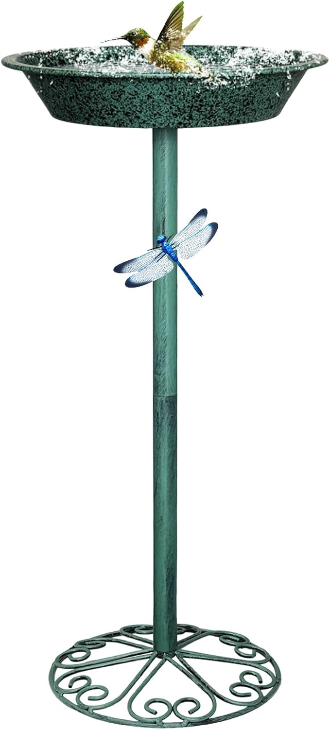 Freestanding Birdbath for Outside, 25.5 inch Height Outdoor Garden Bird Bath, Metal Bird Feeder with Magnetic Dragonfly for Garden Yard Patio Lawn Decor, Green