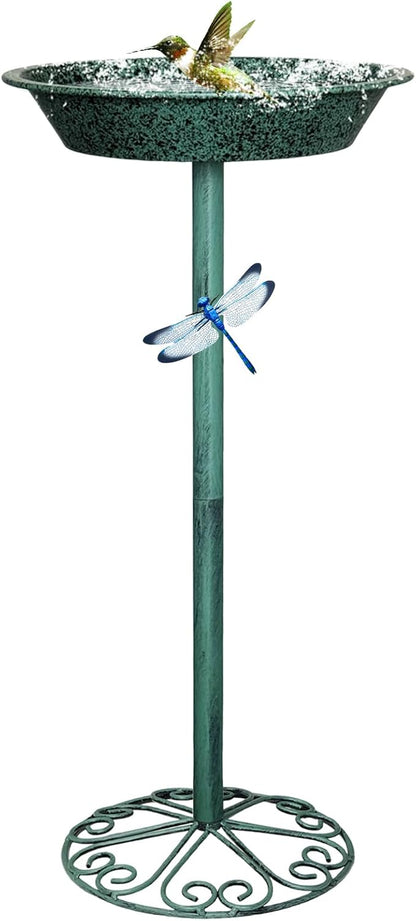 Freestanding Birdbath for Outside, 25.5 inch Height Outdoor Garden Bird Bath, Metal Bird Feeder with Magnetic Dragonfly for Garden Yard Patio Lawn Decor, Green