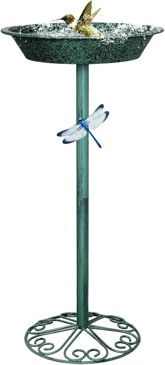 Freestanding Birdbath for Outside, 25.5 inch Height Outdoor Garden Bird Bath, Metal Bird Feeder with Magnetic Dragonfly for Garden Yard Patio Lawn Decor, Green