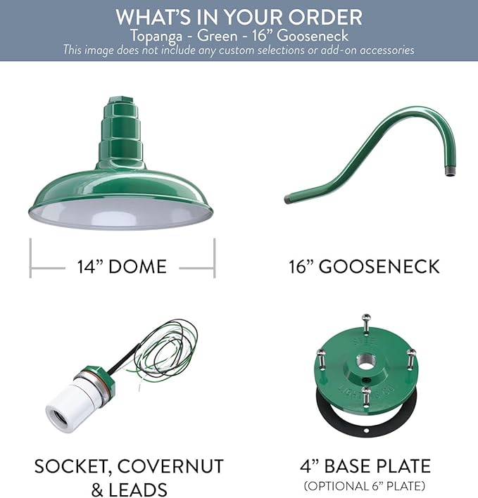Steel Lighting Co. Topanga Barn Light | Outdoor Wall Mounted | Farmhouse Garage Light Made in America | 14 inch Dome | 16 inch Gooseneck | Green Exterior/White Interior