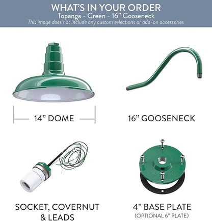 Steel Lighting Co. Topanga Barn Light | Outdoor Wall Mounted | Farmhouse Garage Light Made in America | 14 inch Dome | 16 inch Gooseneck | Green Exterior/White Interior