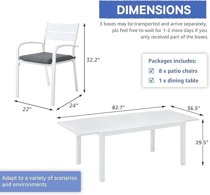 Soleil Jardin 9-Piece Outdoor Patio Dining Set, 59" - 83" Aluminum Expandable Outdoor Dining Table Set for 8, 8 Stackable Chairs with Gray Removable Cushions, White