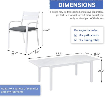 Soleil Jardin 9-Piece Outdoor Patio Dining Set, 59" - 83" Aluminum Expandable Outdoor Dining Table Set for 8, 8 Stackable Chairs with Gray Removable Cushions, White