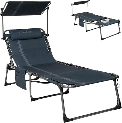 KingCamp Tanning Chair with Face Hole, Lounge Chairs Outdoor Folding Portable Comfy Adjustable 5-Position Foldable Chaise Chaser with Canopy Shade for Outside Beach Patio, Blue/Grey