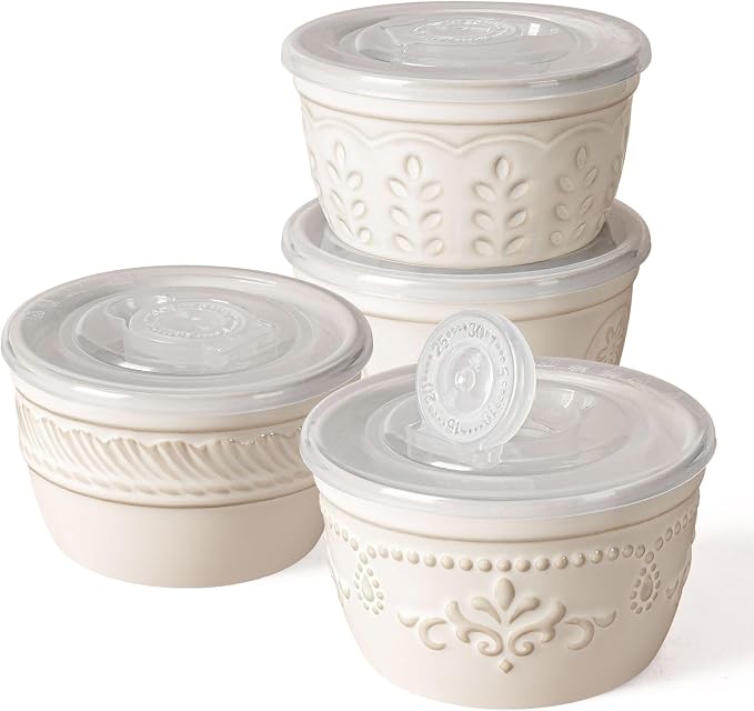 Artena Ramekins with Lids, Creme Brulee Ramekins Oven Safe, Ceramic Pudding Cups, Souffle Cups, Custard Cups, Dipping Sauce Cups, Food Storage Containers with Lids, Set of 4 (4 oz, Multiple Patterns)