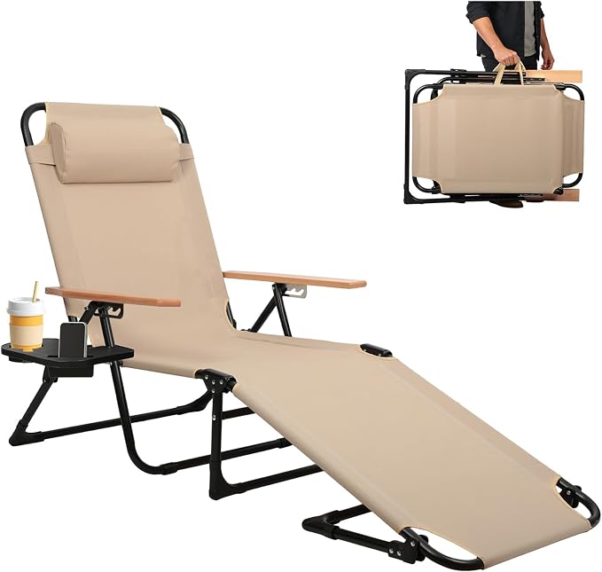 Foldable Chaise Lounge Chair Outdoor, 4-Position Reclining Outdoor Lounge Chairs with Wooden Armrest, Folding Sun Lounger with Removable Pillow for Garden Beach Patio Camp (Beige)