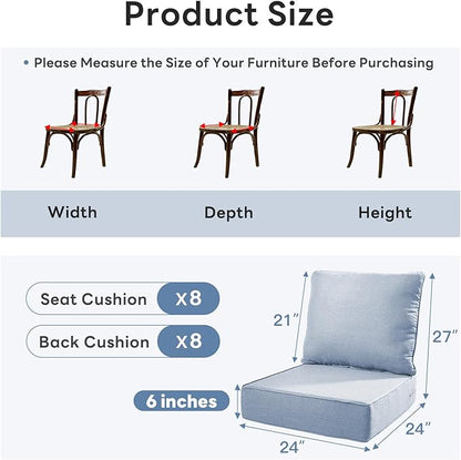 6" Thicker Outdoor Chair Cushion 8 Sets - 24" *24" *6" Waterproof Patio Furniture Cushions with Removable Cover, 28D High Density Sponge Filling Thicken Outdoor Patio Cushions - Baby Blue