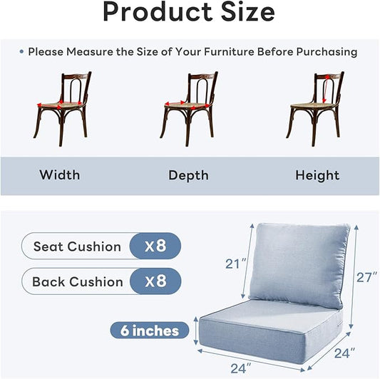 6" Thicker Outdoor Chair Cushion 8 Sets - 24" *24" *6" Waterproof Patio Furniture Cushions with Removable Cover, 28D High Density Sponge Filling Thicken Outdoor Patio Cushions - Baby Blue