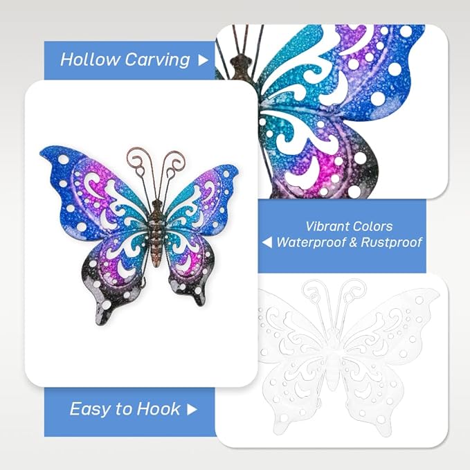 3 Pack Metal Butterfly Wall Decor, Colorful Metal Butterfly Outdoor Wall Art, Hand-Made Outdoor Wall Decor For Garden, Patio, Fence, Yard
