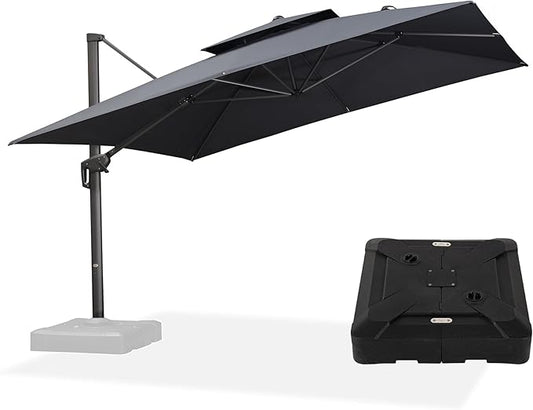 PURPLE LEAF 12ft Patio Umbrella with Base Large Outdoor Square Umbrella Deluxe Hanging Double Top Cantilever Offset Market Umbrella Windproof Garden Umbrella Grey