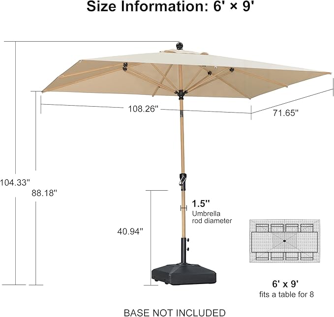 PURPLE LEAF 6' x 9' Market Umbrella Outdoor Table Umbrella Aluminum Patio Umbrella with Push Button Tilt & 8 Sturdy Ribs and Crank Rectangular Sun Umbrella for Pool Backyard Beach, Beige
