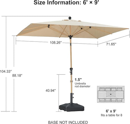 PURPLE LEAF 6' x 9' Market Umbrella Outdoor Table Umbrella Aluminum Patio Umbrella with Push Button Tilt & 8 Sturdy Ribs and Crank Rectangular Sun Umbrella for Pool Backyard Beach, Beige