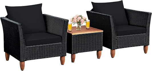 COSTWAY 3 Pieces Patio Rattan Furniture Set, Outdoor Wicker Conversation Chairs Set with Acacia Wood Coffee Table & Washable Cushion, Porch Furniture Bistro Set for Balcony, Garden, Backyard, Black