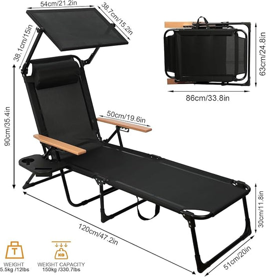 Folding Lounge Chairs for Outside, 4-Position Reclining Outdoor Lounge Chair, Sun Bathing Lounge Chair with Wooden Armrest, Pillow & Cup Holder, Reclining Beach Chair for Garden Beach Patio Camp