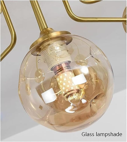 Antique Brass Globe Chandelier 5 Lights Sputnik Ceiling Light with Smoke Grey Amber Glass, Semi Flush Ceiling Fixture. Bubble Ball Kitchen Ceiling Lamp,Soft Light