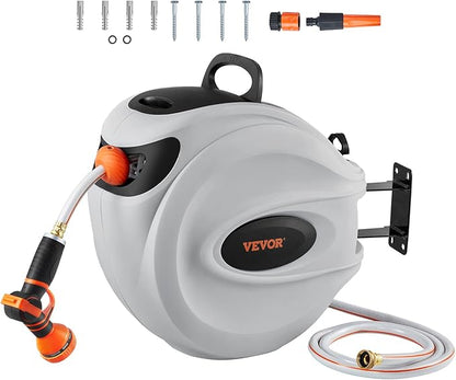 VEVOR Retractable Hose Reel, 115 ft x 1/2 inch, Garden Water Hose Reel with 9-Pattern Nozzle, 180° Swivel Bracket Wall-Mounted, Automatic Rewind, Lock at Any Length, with Slow Return System