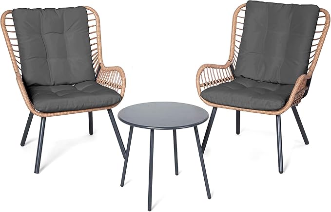 LAUSAINT HOME 3 Piece Outdoor Bistro Set, Small Patio Furniture Set with Coffee Table and Thick Cushions, Front Porch Furniture for Lawn, Garden, Balcony, Poolside, Black