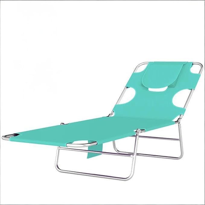 Lounge Chair Outdoor, 5-Position Adjustable Sun Tanning Chair with Carrying Handle and Side Pocket, Folding Bed Cot with Removable Pillow for Garden, Beach, Patio, Pool (1, Light Green)