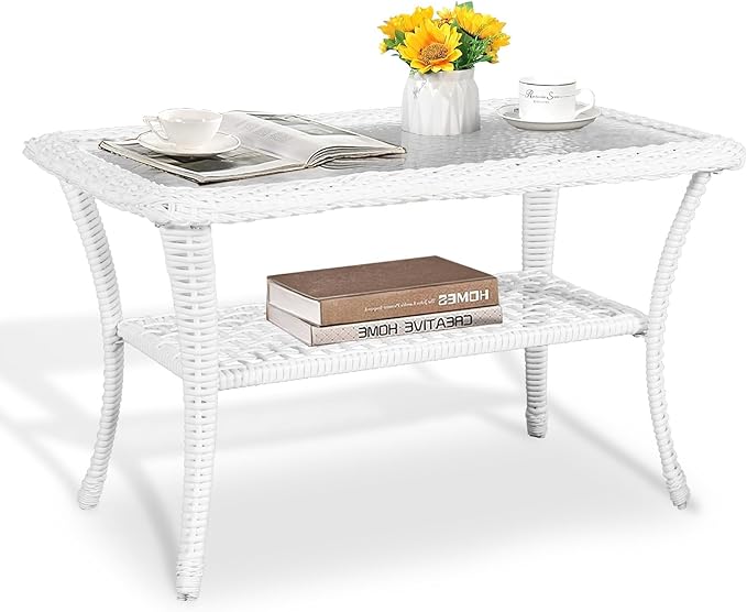 MEETWARM Wicker Patio Coffee Table, 34.5" Rectangle Outdoor Coffee Table with Tempered Glass Top and 2-Tier Storage Shelf, All-Weather Rattan Patio Side Table for Outside Poolside Deck Garden, White