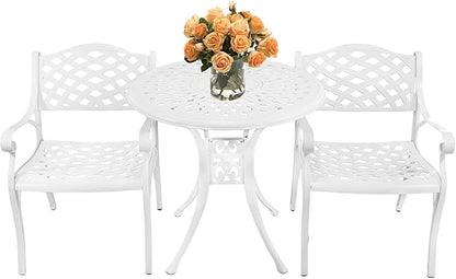 3 Piece Outdoor Dining Set,Cast Aluminum Bistro Set with Umbrella Hole, All Weather Patio Furniture Set, Small Patio Dining Set for Garden/Balcony/Deck, White