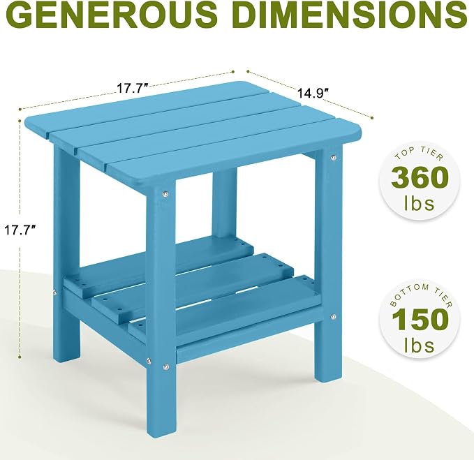 Adirondack Outdoor Side Table, 2-Tier Small Patio End Table, Weather Resistant HDPE Outdoor End Tables for Garden, Lawn, Pool, Beach, Porch, Deck, Backyard - Square, Turquoise