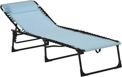 Outdoor Lounge Chair, Tanning Chair with Sunshade Roof, Adjustable Backrest Folding Chaise Lounge with Pillow Headrest for Outside, Beach, Camping, Hiking (No Sunshade Roof, Light Blue)