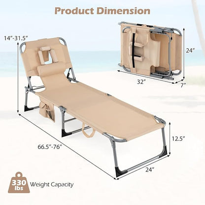 GYMAX Tanning Chair with Face Hole, Sun Bathing Lounge Chairs for Outside with Side Pocket, Folding Portable Face Down Layout Tanning Chair Beach, Backyard, Poolside, Lawn (Sand,2)