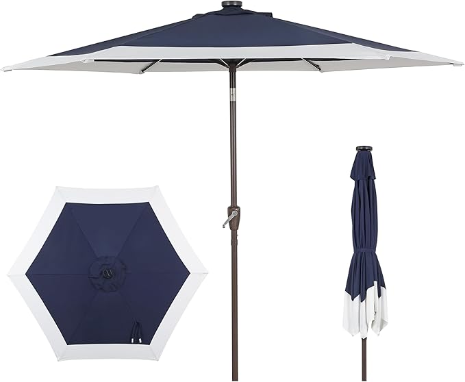 JONATHAN Y UMB1100A Spencer 9 ft. Classic Coastal 2-Tone Solar LED Market Patio Umbrella with 12 LED Strip Lights, Auto-Tilt, Crank and UV Protection in Navy/White