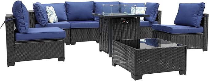 8 Pieces Patio Furniture Set with 28" Fire Pit Table, Wicker Outdoor Sectional Couch, Rattan Conversation Set for Backyard, Deck, Garden Lawn, Coffee/Blue