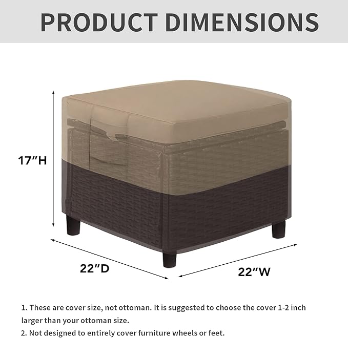 Easy-Going Outdoor Ottoman Cover, Waterproof Patio Ottoman Cover, Heavy Duty Outdoor Furniture Cover with Padded Handles (22"x22"x17", Camel/Dark Brown)