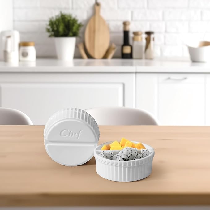 Cinf 10 oz White Ceramic Split Serve Rakemins 2 PACK Creme Brulee Set Separator Sauce Bowls Souffle Dish for Baking Oven Safe to 500F