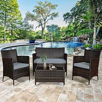 HAPPYGRILL 4 Pieces Patio Sofa Set Rattan Wicker Furniture Patio Conversation Set with Cushioned Sofa and Coffee Table for Outdoor Backyard Garden Poolside
