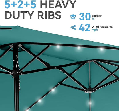 GREEN PARTY 15 ft Rectangle Patio Umbrella with Solar Lights and Base Included, Double-Sided Market Table Umbrella with Crank, Large Outdoor Umbrellas for Patio Poolside Garden Backyard, Turquoise