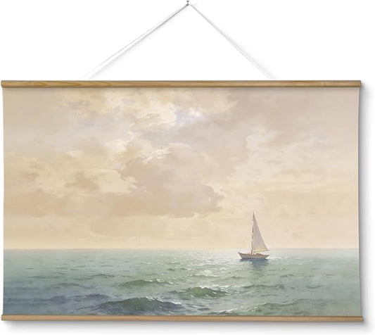 ARPEOTCY Extra Large Vintage Framed Wall Art, 36x54 Inch Ocean Coastal Sailboat Seascape Hanging Canvas Prints Scroll Wall Art Decor for Living Room Bedroom, Retro Scenery Pictures Above of Bed