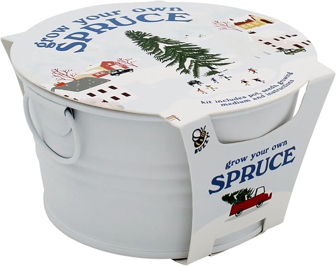 Buzzy Seeds Grow Your Own Christmas Tree Kit - Metal Windowsill Planter - Complete Indoor/Outdoor Gardening Kit with Seeds, Coconut Husk Growing Medium & Genuine Pots - 100% Grow Guarantee