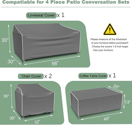 Gasadar Outdoor Furniture Cover Waterproof, 4-Piece Patio Furniture Covers for Outdoor Conversation Set, Grey