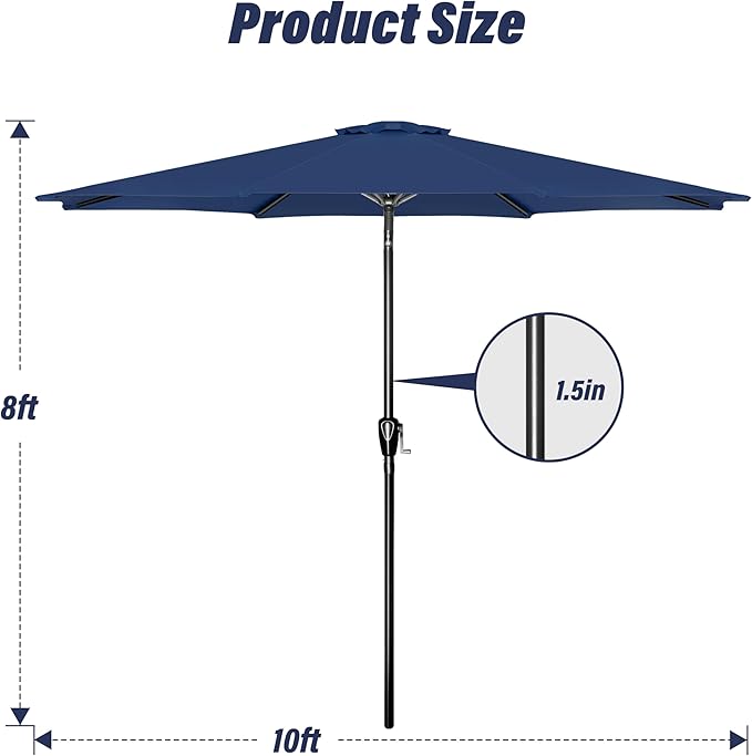 Simple Deluxe 10FT Outdoor Patio Umbrella Table Market Umbrella with Push Button Tilt and Crank, 8 Sturdy Ribs, UV Protection Waterproof for Garden, Lawn, Deck, Backyard, Pool, Dark Blue