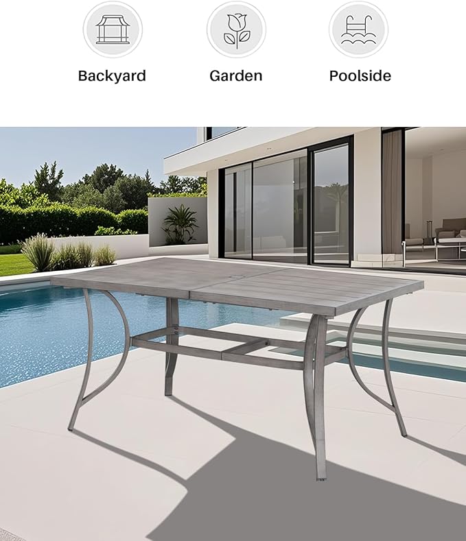 Aluminum Patio Dining Table for 6, Limed Oak Outdoor Rectangle Dining Table with Umbrella Hole, Rustproof 6 Person Outdoor Dining Tables for Backyard, Deck, Garden, Poolside, Porch