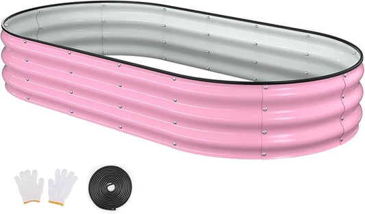 Raised Garden Bed, 6x3x1ft Galvanized Outdoor Planter Beds with Safety Edging and Gloves, Oval Metal Planter Box for Gardening Vegetables Flowers Herb-Blossom Pink