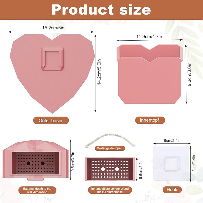 6-Inch Pink Heart Shaped Self-Watering Wall Planter, PLA 3D Printed Wall Mount Planter with Drainage, Space-Saving Indoor Outdoor Planter for Succulents Herbs, Home Office Decor