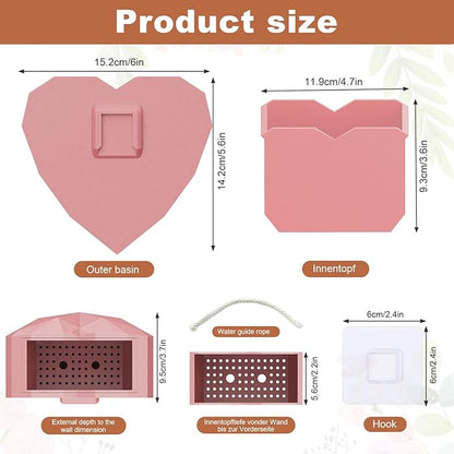 6-Inch Pink Heart Shaped Self-Watering Wall Planter, PLA 3D Printed Wall Mount Planter with Drainage, Space-Saving Indoor Outdoor Planter for Succulents Herbs, Home Office Decor
