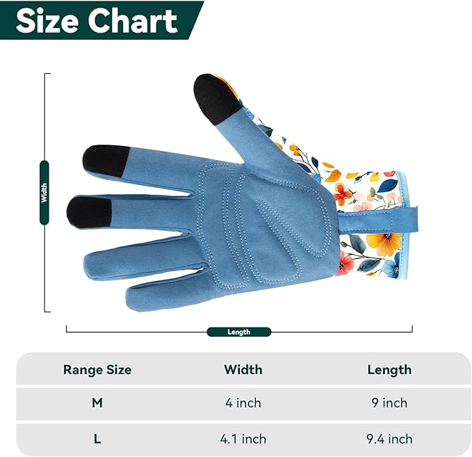 Gardening Gloves for Women, Printed Touchscreen Garden Gloves with Grip, Thorn-Proof Puncture-Resistant Work Gloves